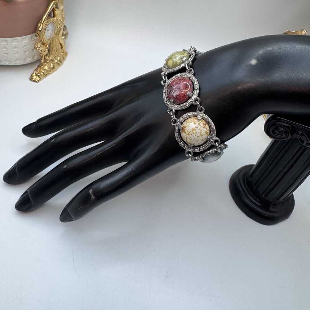 Vintage Large Scarab Gem Stone Double Link Bracelet Silver Tone Unsigned Adjust - Picture 3 of 12